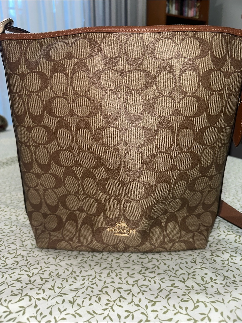 Coach Brown Signature Monogram Bucket Bag with Tan Trim